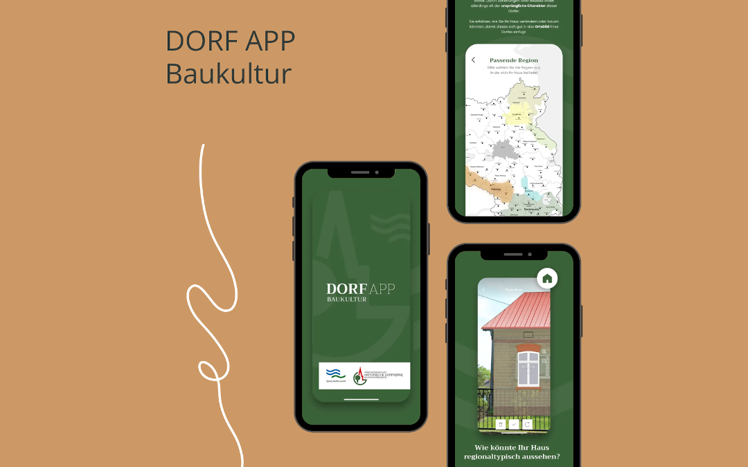 Vorschaubilder der Dorf-App Baukultur auf einem Handy.