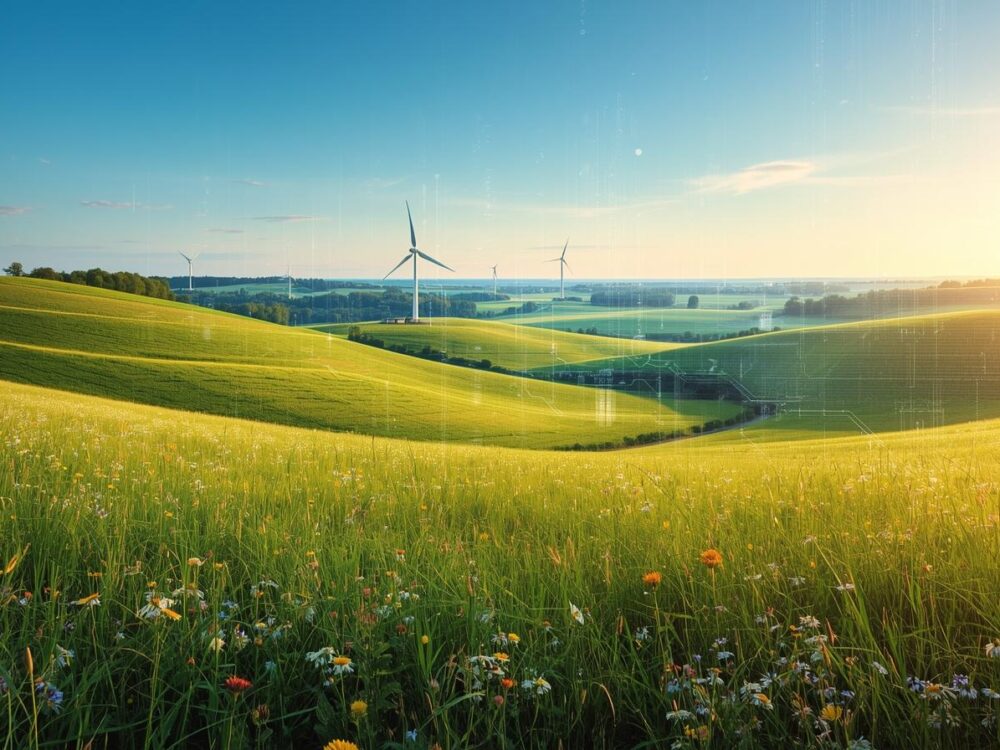 Sommerliche Landschaft in Brandenburg mit Feldern und Wiesen. Digitale Zeichen legen sich leicht über die Landschaft.