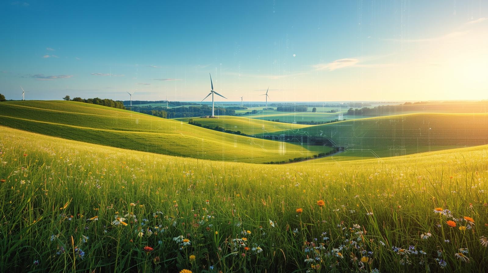Sommerliche Landschaft in Brandenburg mit Feldern und Wiesen. Digitale Zeichen legen sich leicht über die Landschaft.